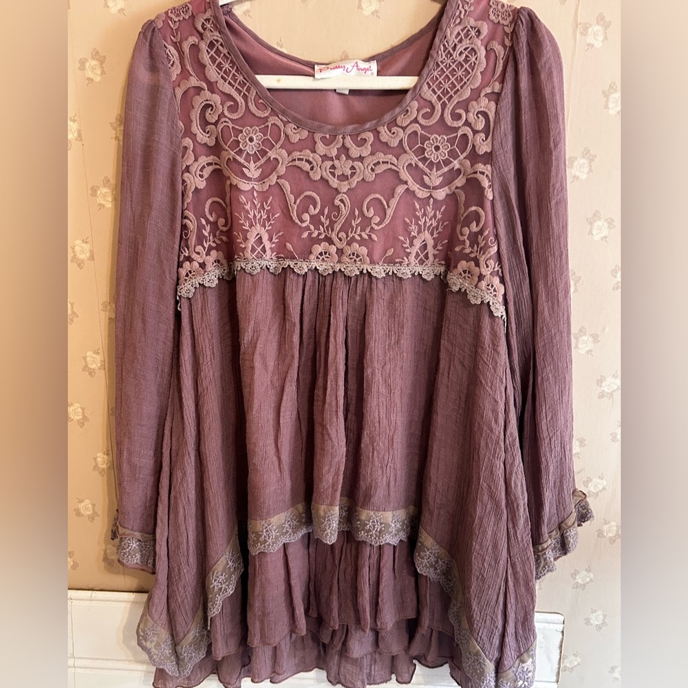 Pretty Angel Lace Yoke Tunic Top - Mauve Boho Chic Fairy Large